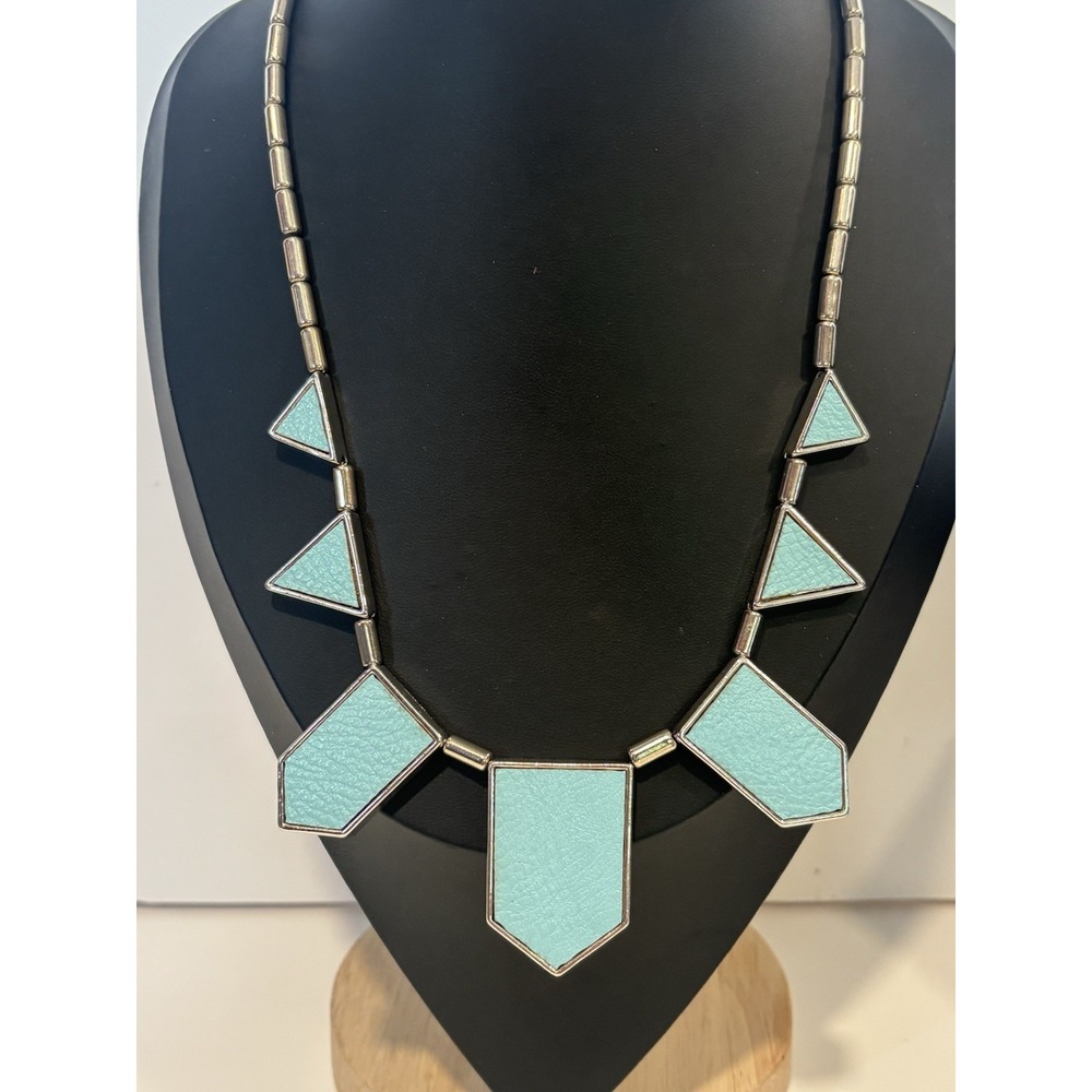 Geometric Statement Necklace Turquoise Blue Silver Tone Art Deco Style 24"